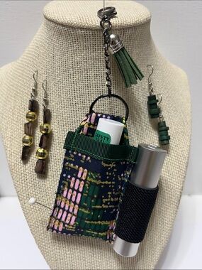 Gift Set Double Lipstick Balm or Spray Holder Keychain Purse Charm 2 pr Earrings